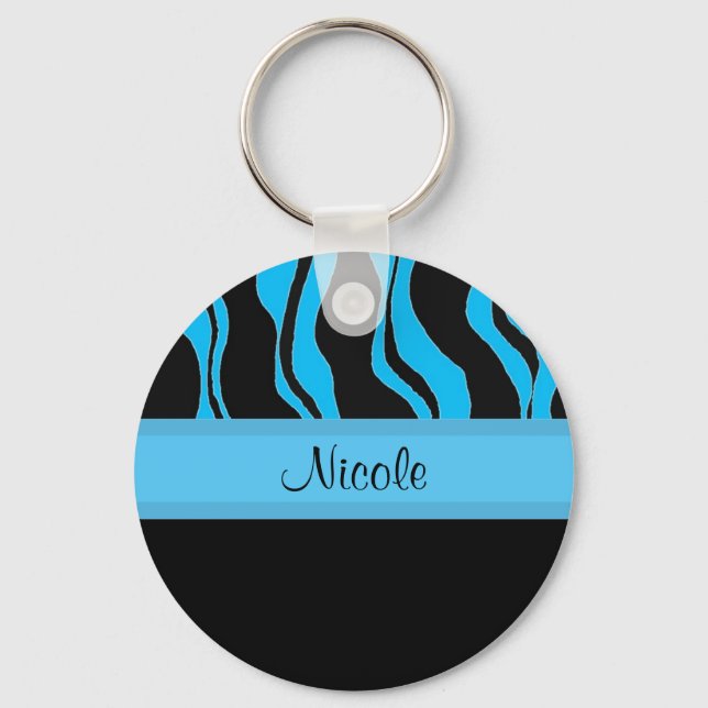 Modern Black and Blue Zebra Personalised Keychain (Front)