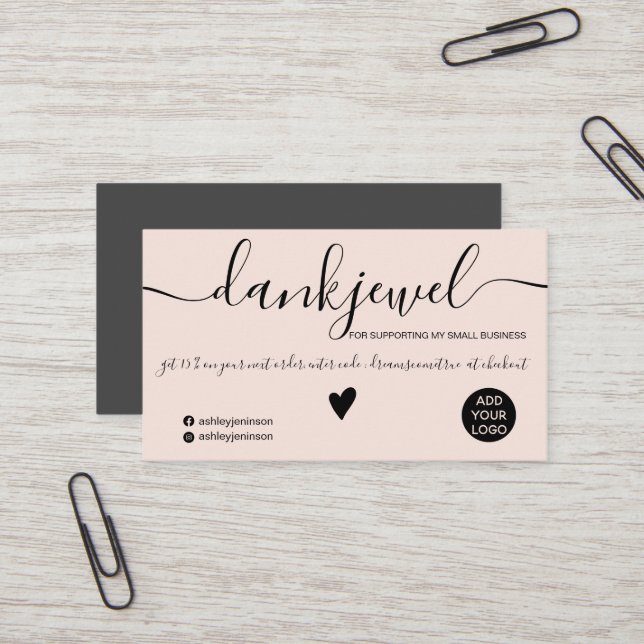 Modern black and blush order Dutch thank you Business Card (Front/Back In Situ)
