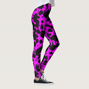 Modern Black and Bright Pink Paint Splatters Funny Leggings
