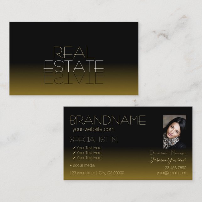 Modern Black and Brown Chic Mirror Font with Photo Business Card (Front/Back)