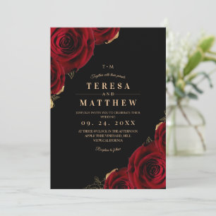 Modern  Black and Burgundy Roses Wedding Invitation