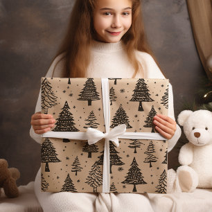 Modern Black And Cream  Christmas Tree Wrapping Paper