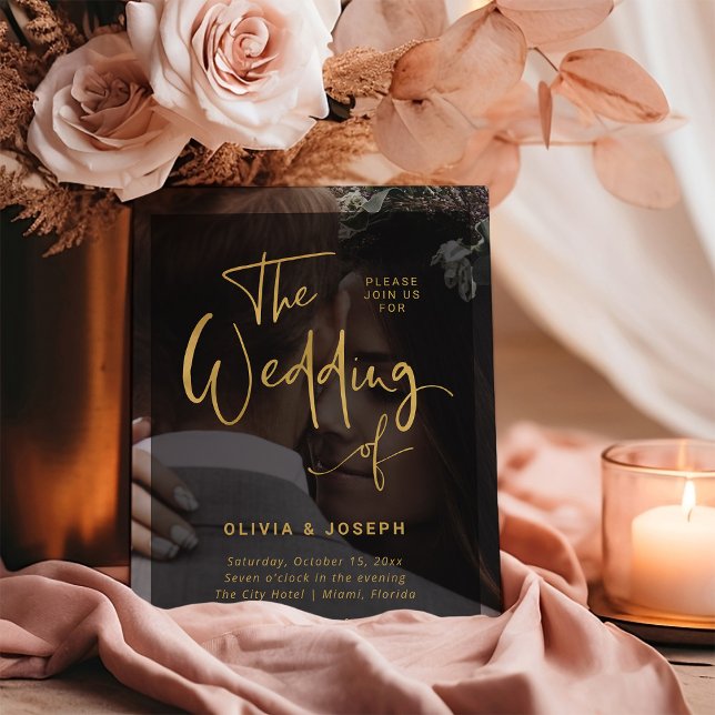 Modern Black and Faux Gold Overlay | Photo Wedding Invitation (An elegant photo wedding invitation with a faux gold and black overlay)