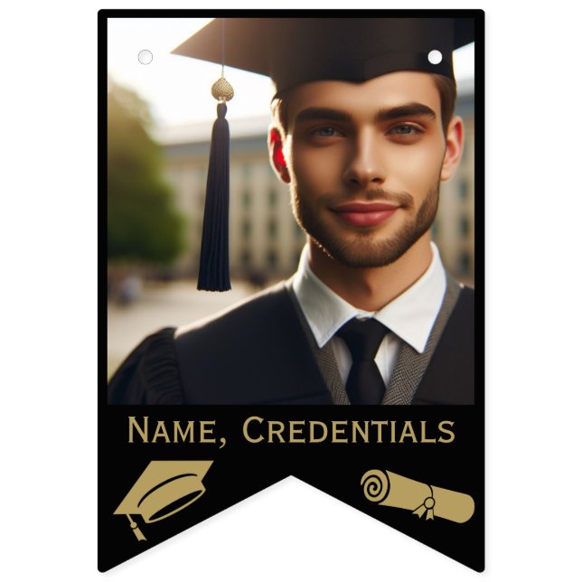 Modern Black and Gold 16-Photo Grad Cap, Diploma Bunting (First Flag)