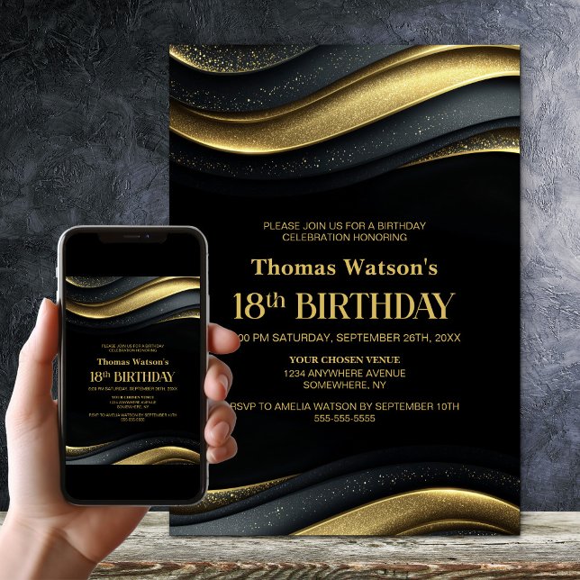 Modern Black and Gold 18th Birthday Party Invitation (Creator Uploaded)