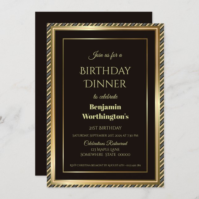 Modern Black and Gold 21st Birthday Dinner Invitation (Front/Back)