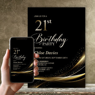 Modern Black and Gold 21st Birthday Party Invitation