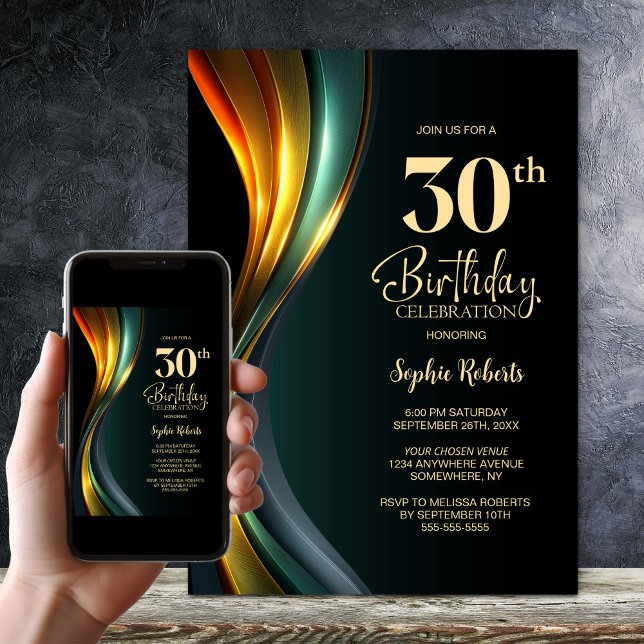 Modern Black and Gold 30th Birthday Party Invitation (Creator Uploaded)