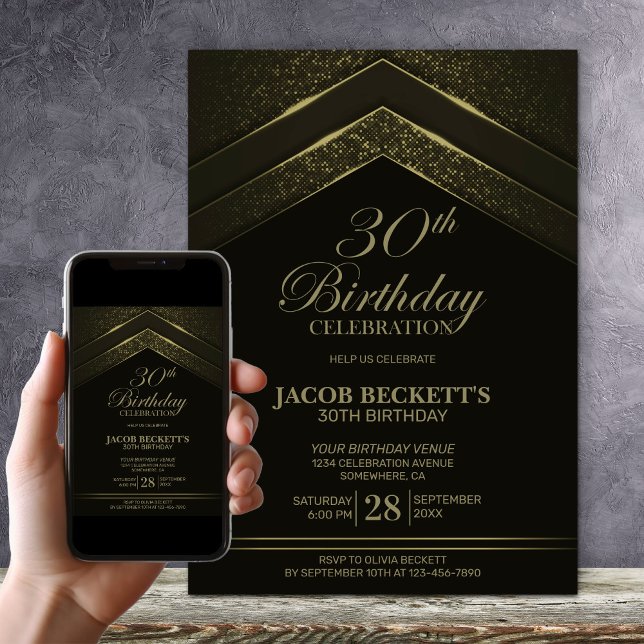Modern Black and Gold 30th Birthday Party Invitation (Creator Uploaded)