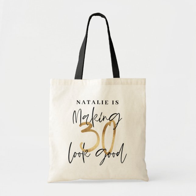 Modern black and gold 30th birthday personalised tote bag (Front)