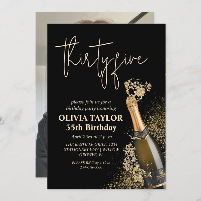 Modern Black and Gold 35th Birthday Champagne Invitation (Front/Back)