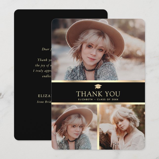 Modern Black and Gold 3 Photo Graduation Thank You Card (Front/Back)