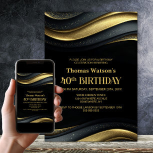 Modern Black and Gold 40th Birthday Party Invitation