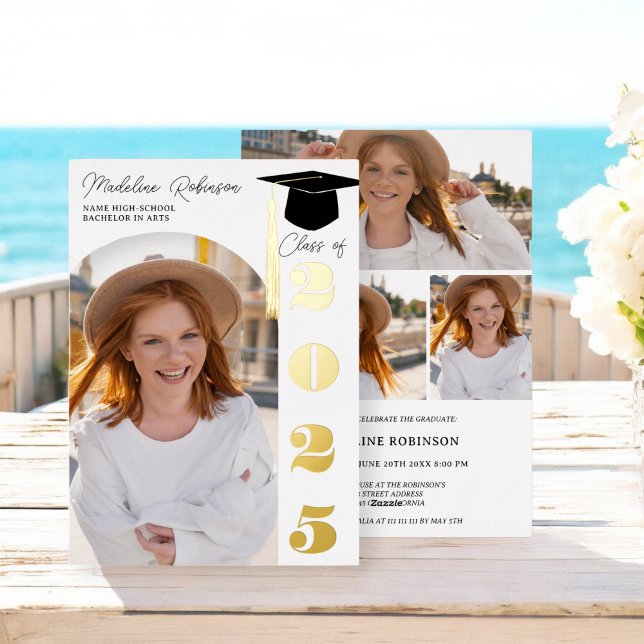 Modern black and gold 4 photos Graduation (Modern black and gold 4 photos Graduation Foil Invitation)