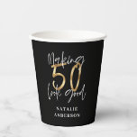 modern black and gold 50th birthday party paper cups<br><div class="desc">Modern 50th birthday typography black and gold effect birthday party ware. Modern script text stylish elegant design. name is editable. Part of a collection.</div>
