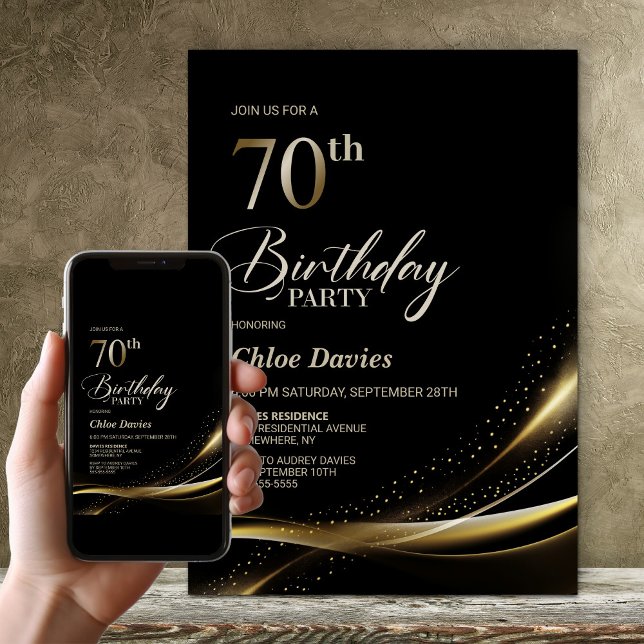 Modern Black and Gold 70th Birthday Party Invitation (Creator Uploaded)