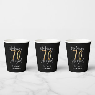 modern black and gold 70th birthday party paper cups