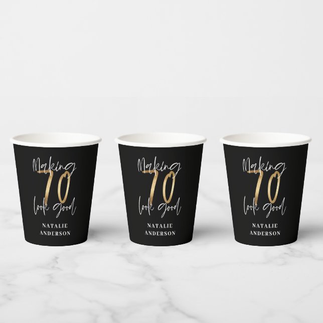 modern black and gold 70th birthday party paper cups (Multi)