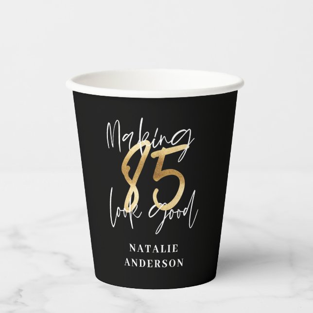 modern black and gold 85th birthday party paper cups (Front)