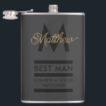Modern Black and Gold Add Name & Monogram Best Man Hip Flask<br><div class="desc">Elegant and modern golden typography to personalise with your best man's name and monogram,  your names and wedding date.</div>