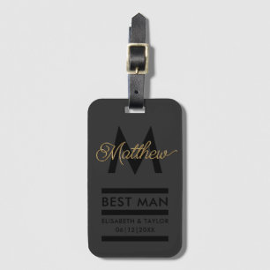 Modern Black and Gold Add Name & Monogram Best Man Luggage Tag