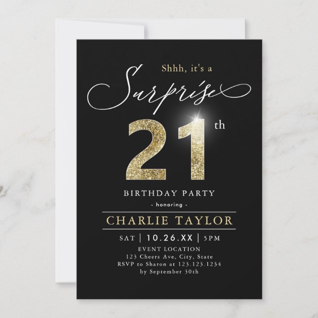 Modern black and gold adult surprise 21st birthday invitation (Front)