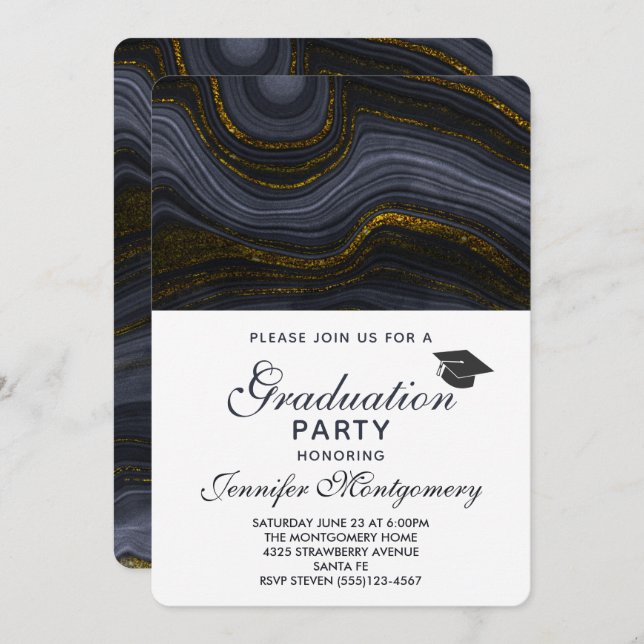 Modern Black and Gold Agate & Graduation Cap Invitation (Front/Back)
