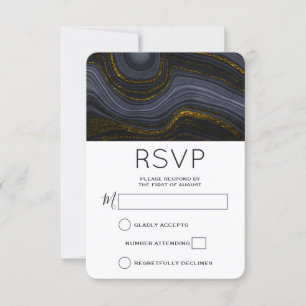 Modern Black and Gold Agate Stone Abstract Wedding RSVP Card