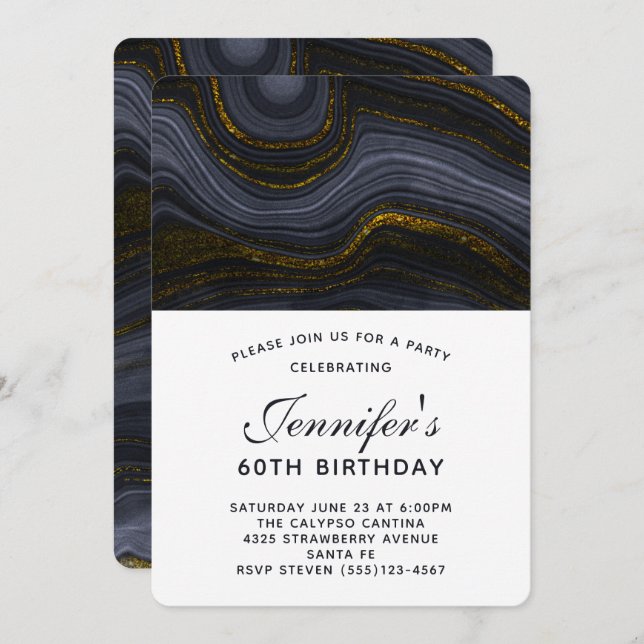 Modern Black and Gold Agate Stone Birthday Invitation (Front/Back)