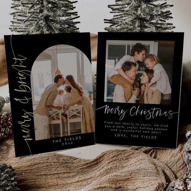 Modern Black and Gold Arch Photo Family Christmas Foil Holiday Card (Creator Uploaded)