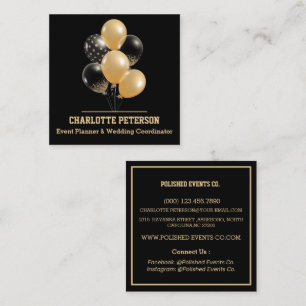 Modern Black and Gold  Balloons Event Planner Square Business Card