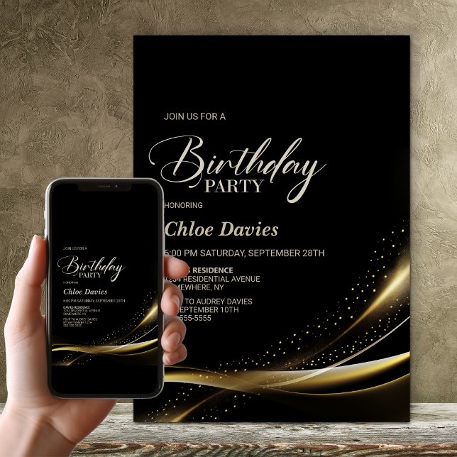 Modern Black and Gold Birthday Party Invitation (Creator Uploaded)