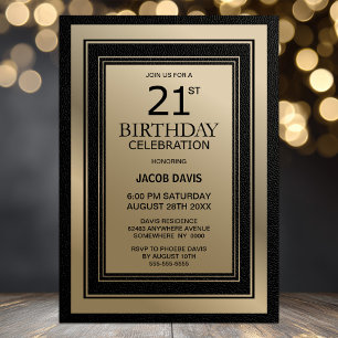 Modern Black and Gold Border 21st Birthday Party Invitation