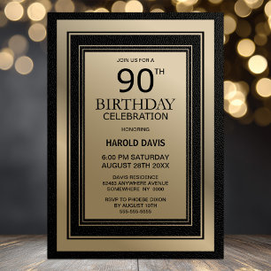 Modern Black and Gold Border 90th Birthday Party Invitation