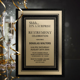 Modern Black and Gold Border Surprise Retirement Invitation