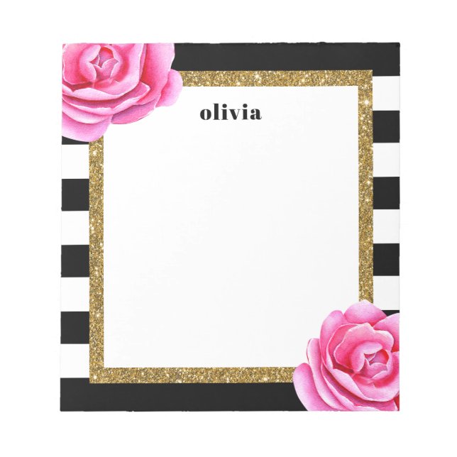 Modern Black and Gold Bright Flower Personalised Notepad (Front)