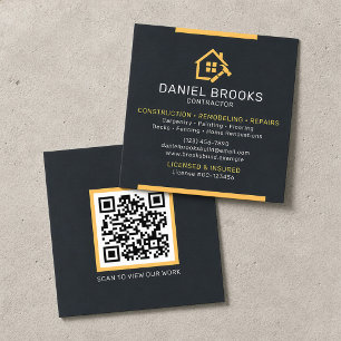 Modern Black and Gold Contractor QR Code Square Business Card