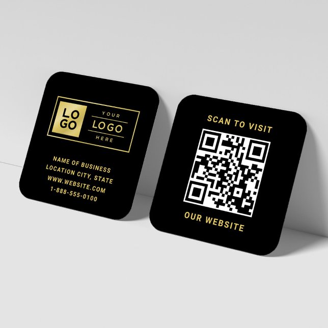 Modern Black and Gold Custom Logo and QR Code Square Business Card (Creator Uploaded)