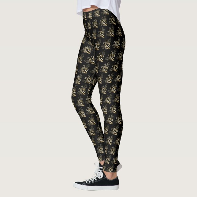 Modern Black and Gold Cute Little Bee Pattern Leggings (Left)