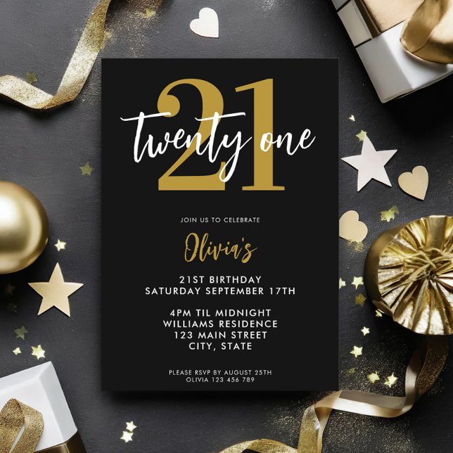 Modern Black and Gold Elegant 21st Birthday Invitation (Creator Uploaded)