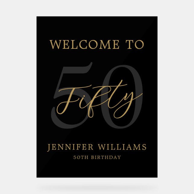 Modern Black and Gold Elegant 50th Birthday Acrylic Sign (Front)