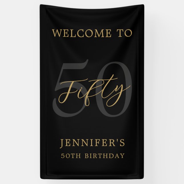 Modern Black and Gold Elegant 50th Birthday Banner (Vertical)
