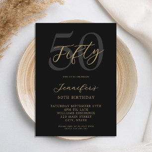 Modern Black and Gold Elegant 50th Birthday Invitation