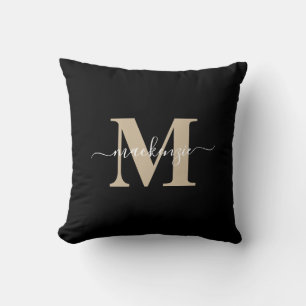Modern Black and Gold Elegant Monogram Name Cushion