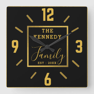 Modern Black And Gold Family Name Personalised Square Wall Clock