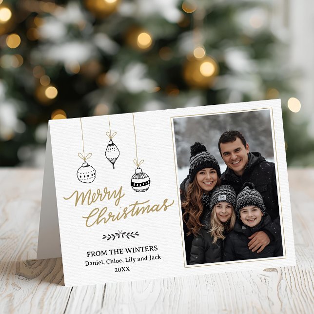 Modern Black and Gold Family Photo Holiday Card (Modern Minimalist Black and Gold Hand-Drawn Christmas Baubles Family Photo Folded Christmas Card
)