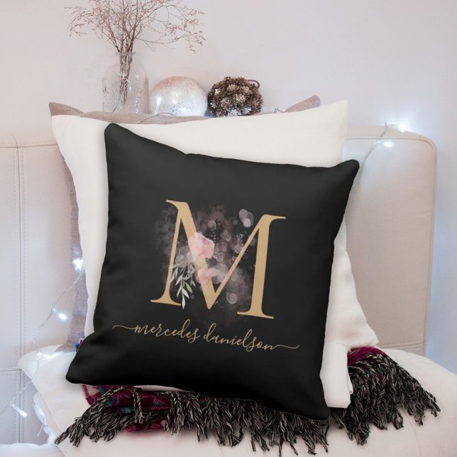 Modern Black and Gold Floral Monogram Cushion (Creator Uploaded)