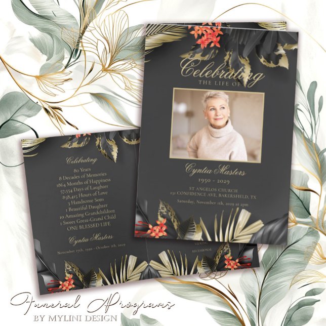 Modern Black and Gold Floral Photo Funeral Program (Creator Uploaded)
