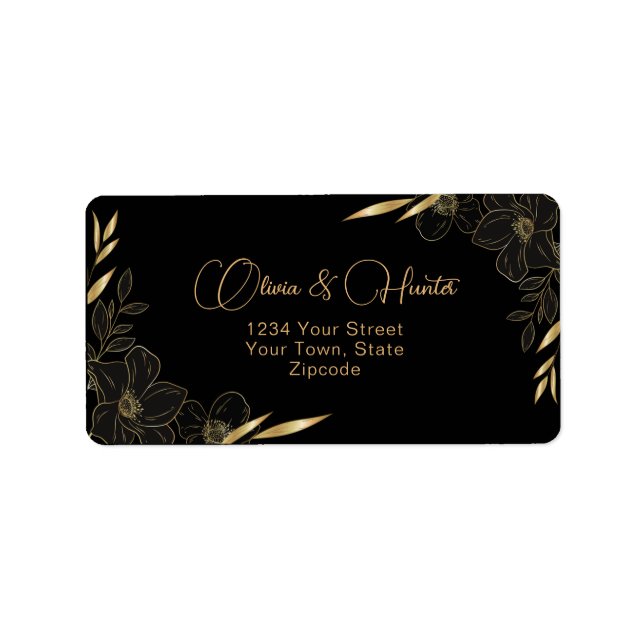 Modern Black and Gold Floral wedding address Label (Front)