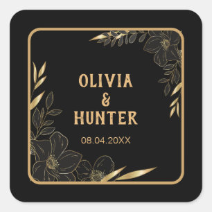 Modern Black and Gold Floral wedding Square Sticker